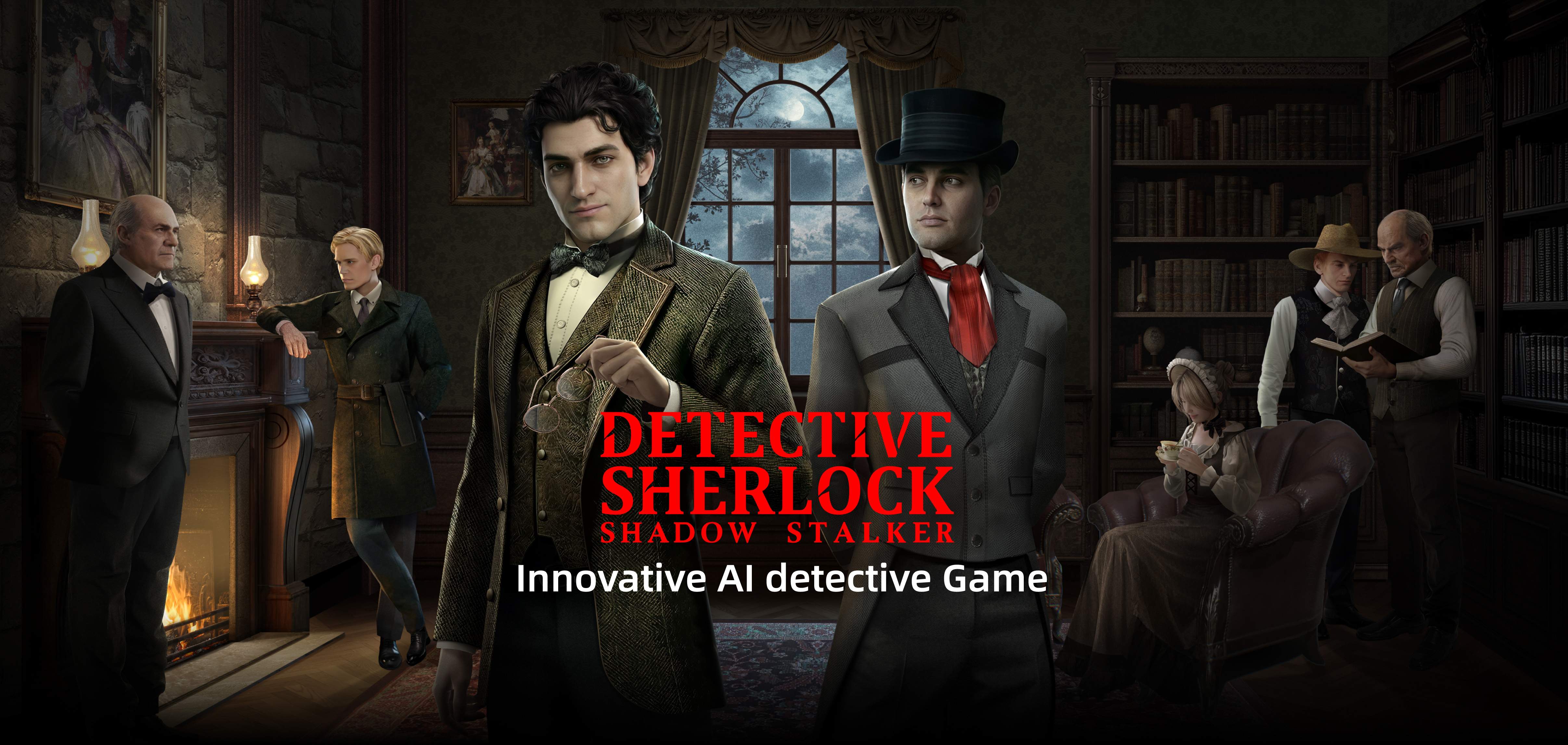 Detective Sherlock Shadow Stalker key art with Sherlock Holmes and the main cast inside a Victorian manor
